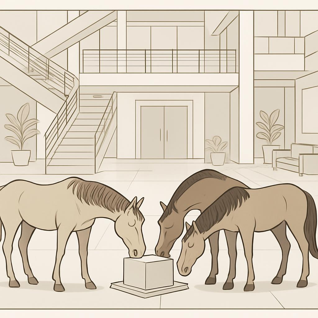 Two tan horses with black manes eating from a box in an office building lobby or foyer.