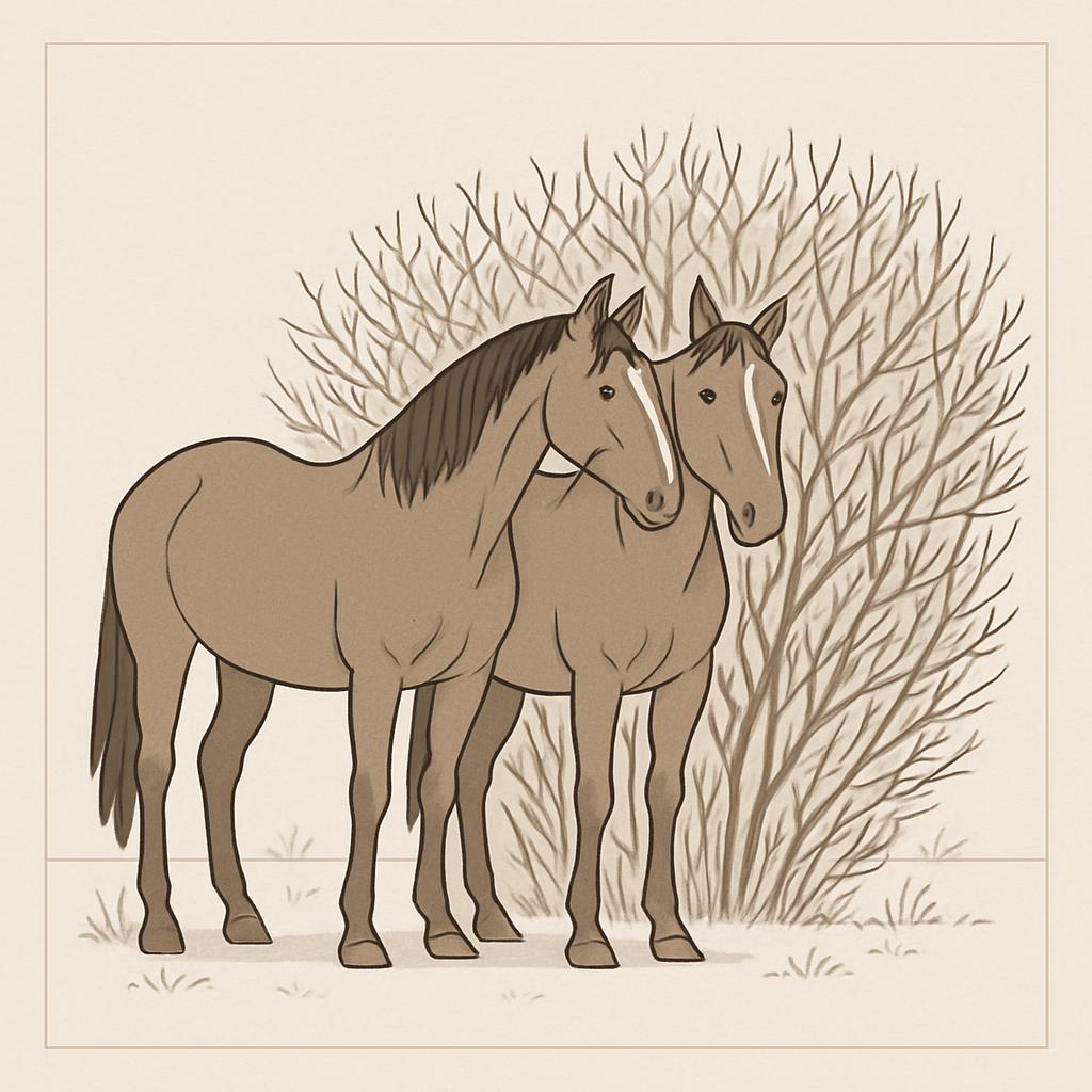 A tan-colored horse surrounded by a beige bush.