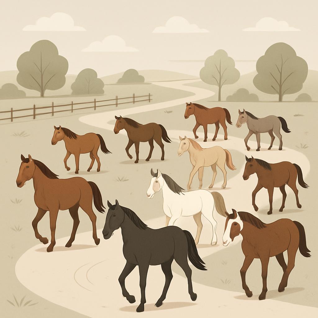 A cartoon illustration of nine horse in neutral shades of brown running on a road overlooked by a wooden fence with crops ...