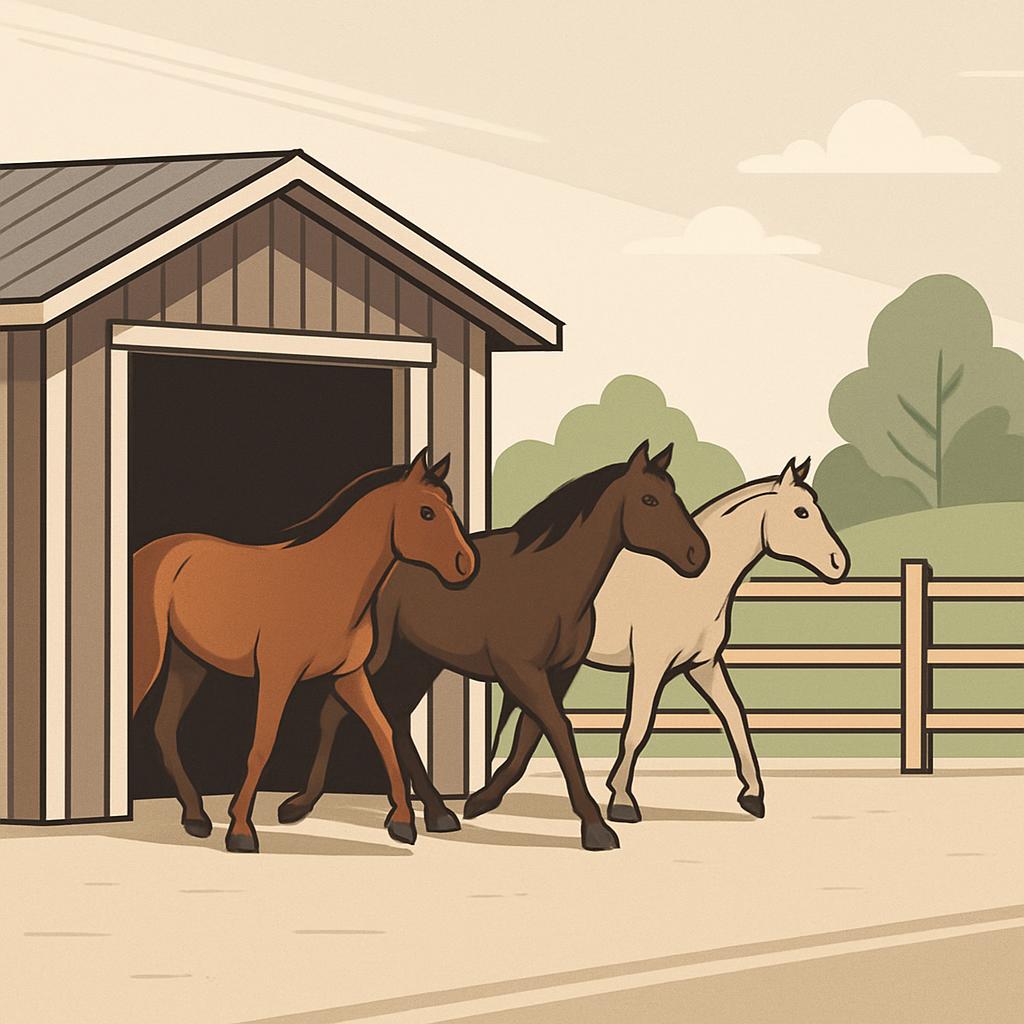 Two horses in various shades of brown exit a barn with rolling green hills in the background. The left horse wears light b...